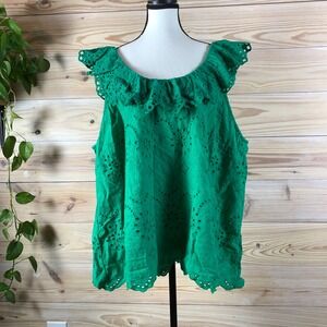 Andree by Unit Top Women 3X Green Eyelet Ruffle Scallop Hem Sleeveless Bold Boho